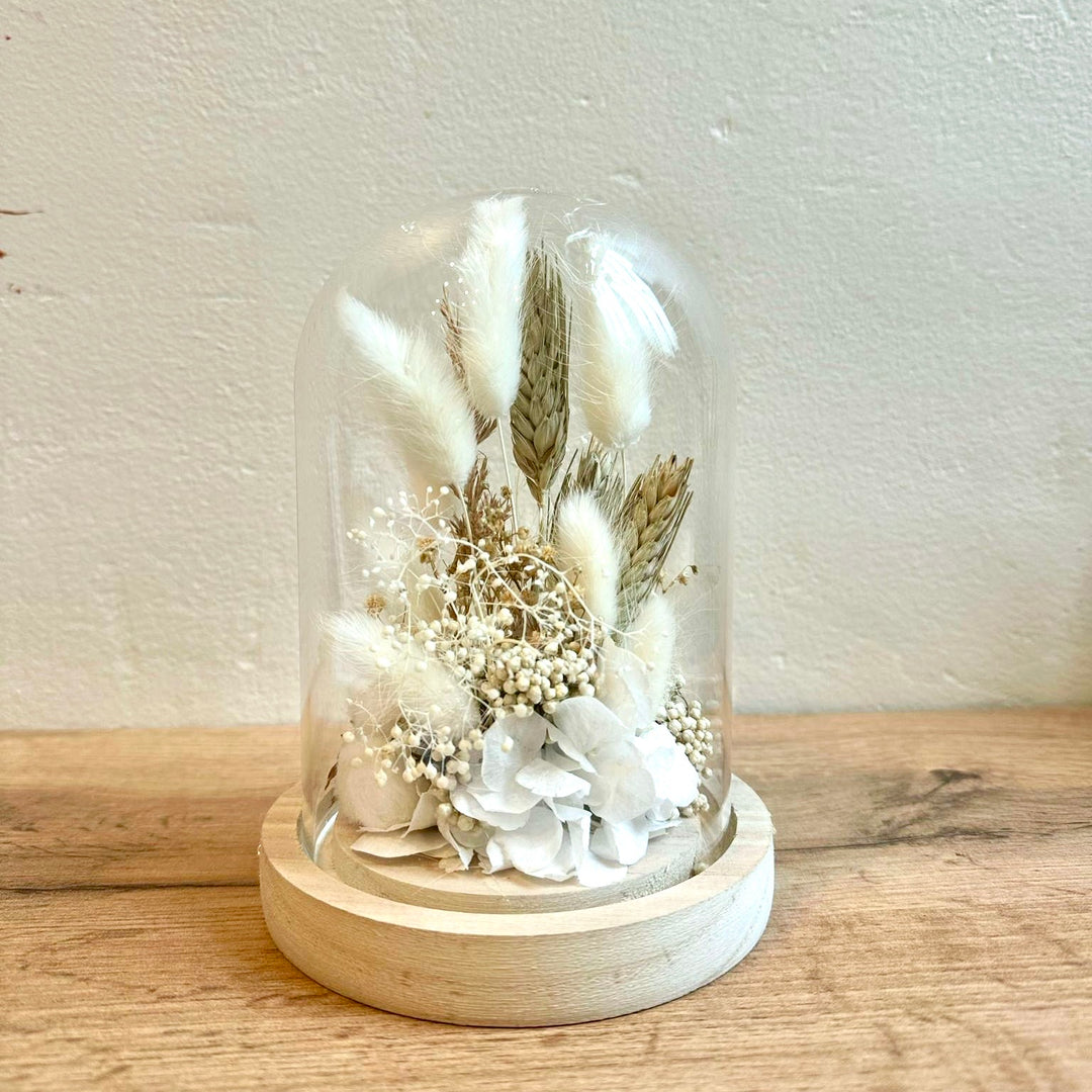 Fleur de coton sous Cloche en verre composition florale blanche | Ateliers Ouchamp
