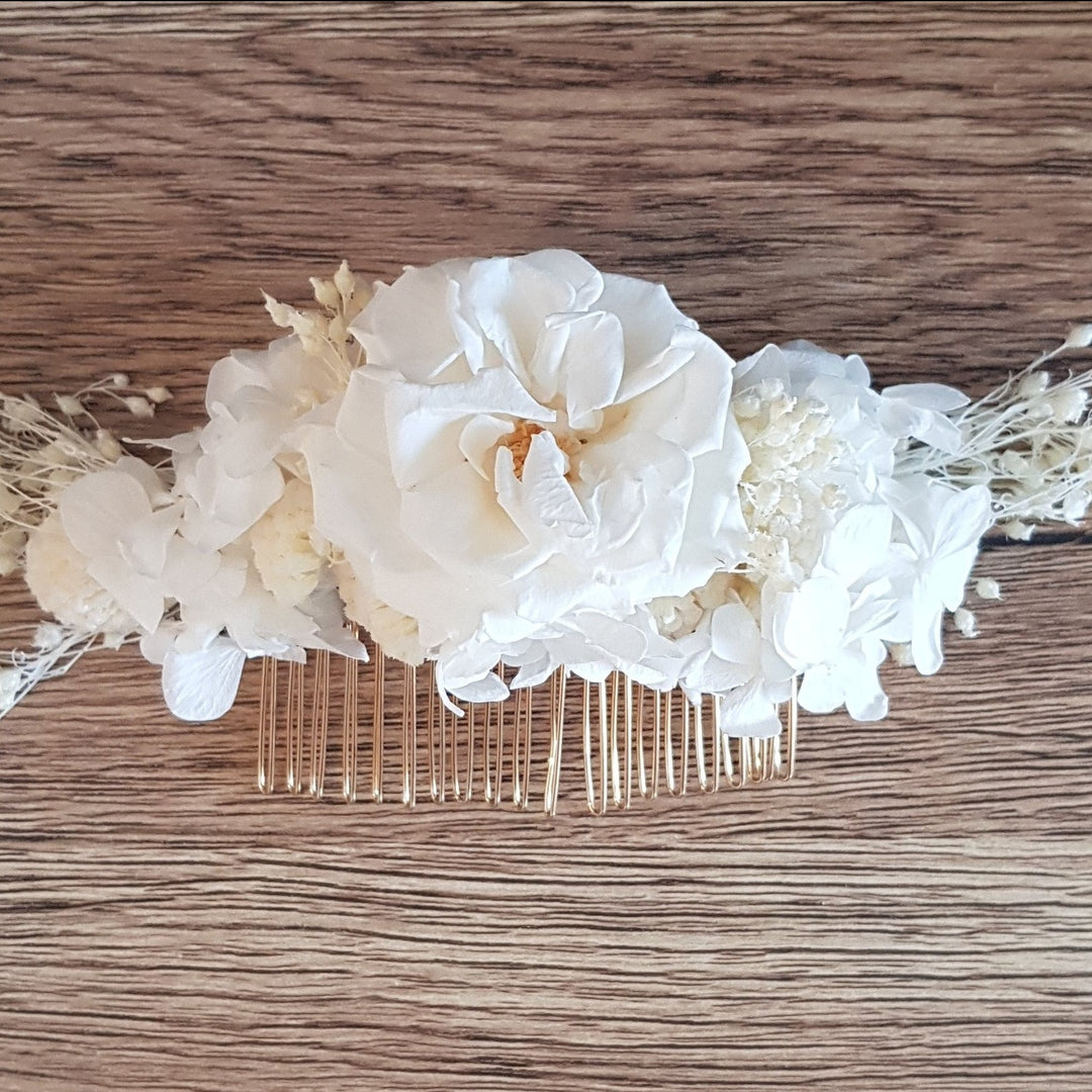 Peigne en fleurs stabilisées éternelles blanc "Rue de Courcelles" : ATELIERS OUCHAMP