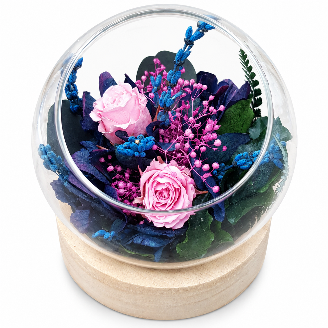 Bulle de fleurs stabilisées « Place Léon Deubel » : rose et hortensia sous globe en verre