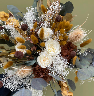 Bouquet de fleurs stabilisées éternelles blanc et jaune composé de 5 Roses anglaises, Hortensia, Broom, Lagurus, Eucalyptus. Vue du haut