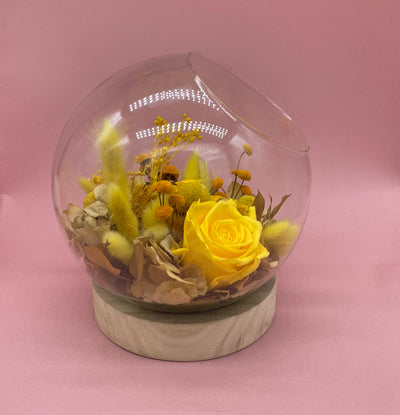 Bulle en fleurs stabilisées éternelles composé de Rose jaune, Mini Rose jaune, Hortensia, Lagurus, Craspedia, Broom, Botao, Chardon. Vu du côté droit
