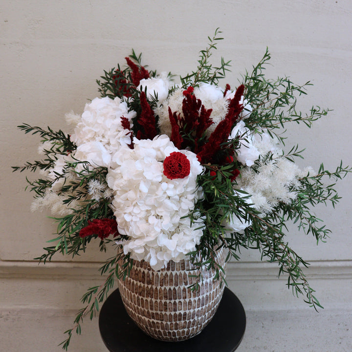 bouquet fleurs stabilisées blanc et rouge 
