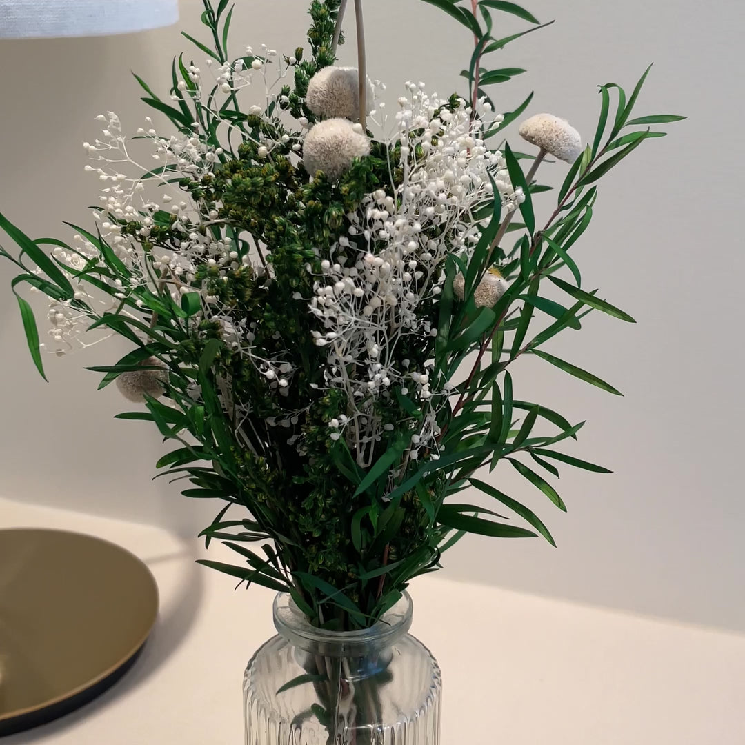 Bouquet éternel avec vase vert et blanc composé de Gypsophile, Ixodia vidéo