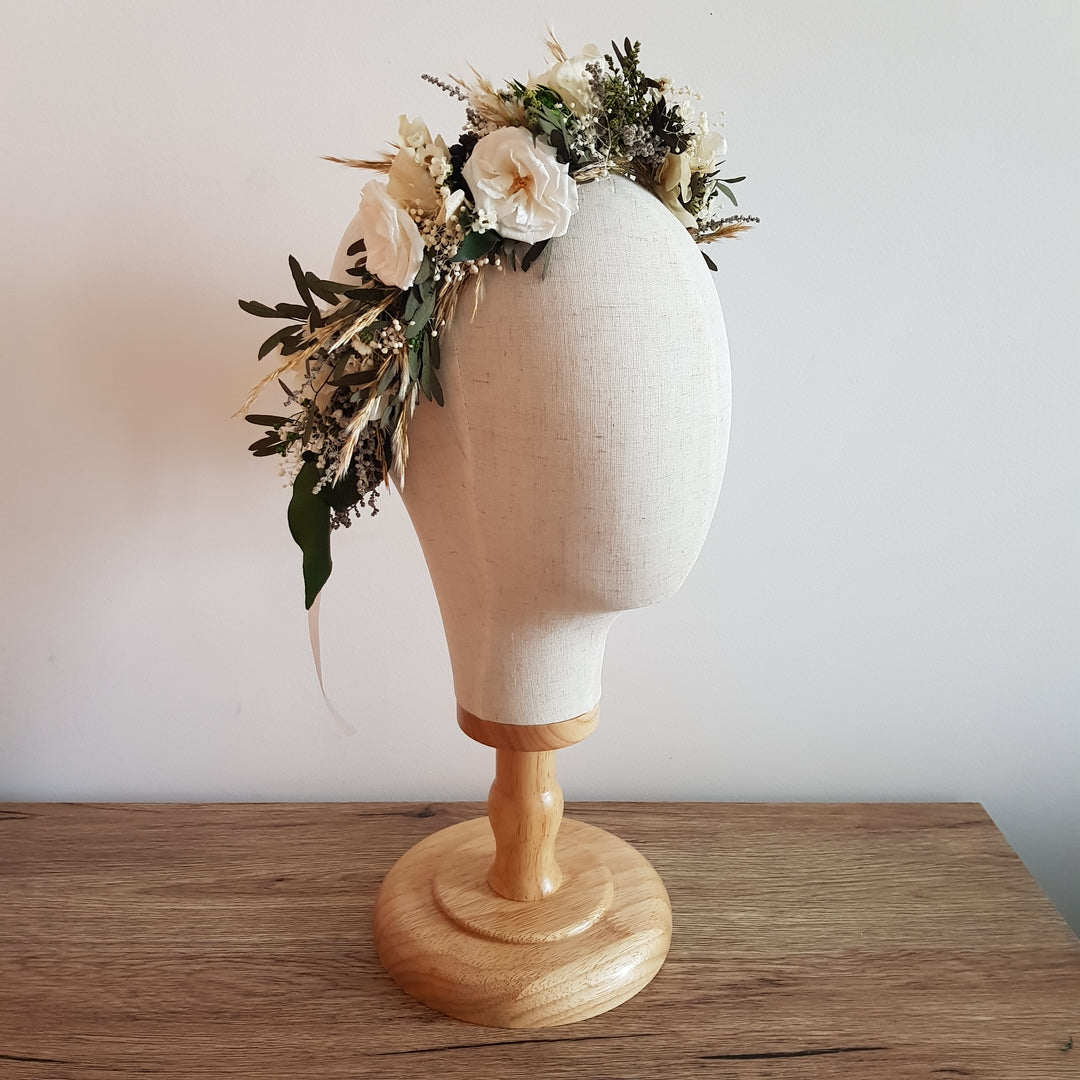 Couronne de tête en fleurs stabilisées éternelles verte et blanche | Ateliers Ouchamp